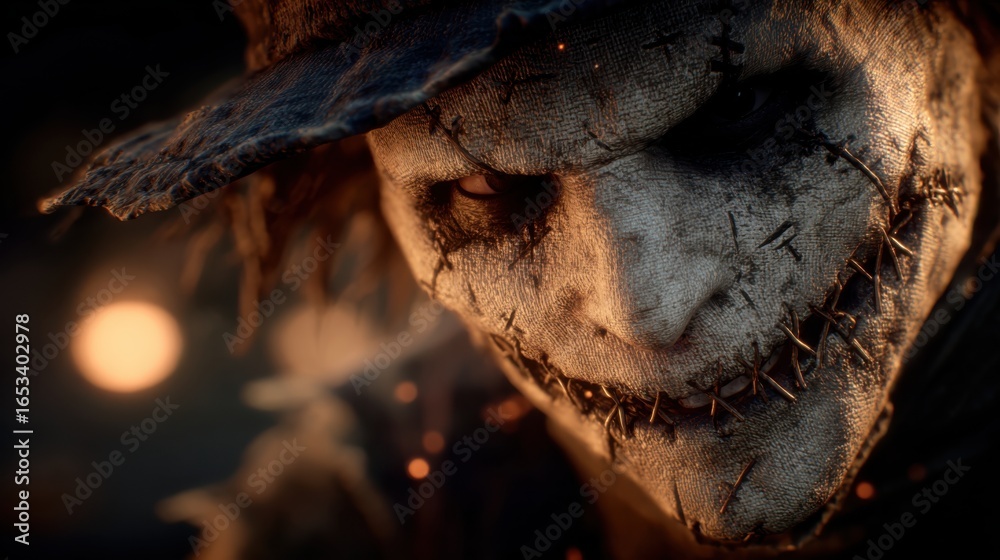 Obraz premium Creepy scarecrow with stitched face captivating onlookers during a Halloween night gathering