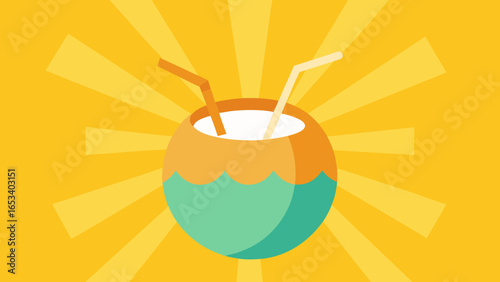 A single tropical coconut drink with two straws sits against a vibrant yellow sunburst transparency background beverage