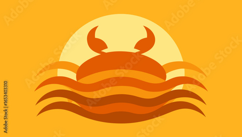 Abstract Crab Silhouette on Wavy Ocean with Setting Sun in Orange Tones vector illustration transparency background