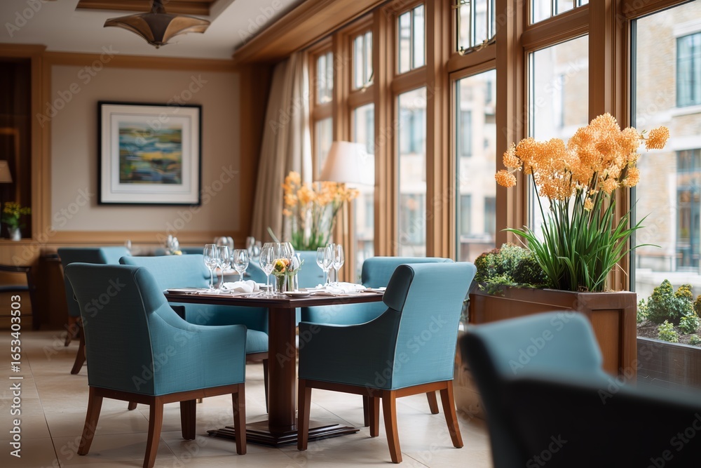 Obraz premium Set table in a restaurant with empty blue chairs and large windows with natural lighting. Interior design for fine dining or luxurious hotel establishment.
