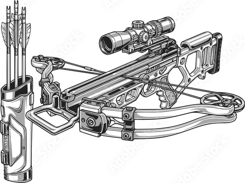 Black and White Vector Illustration of a Modern Crossbow with Arrows
