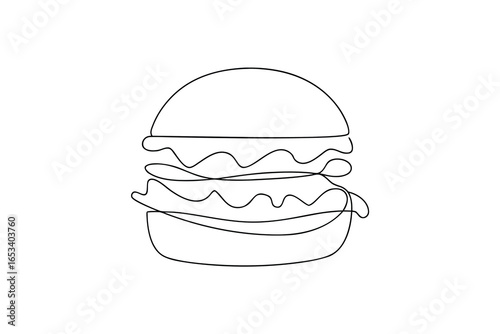 Minimalist single line drawing a hamburger with bun fillings Continous line food