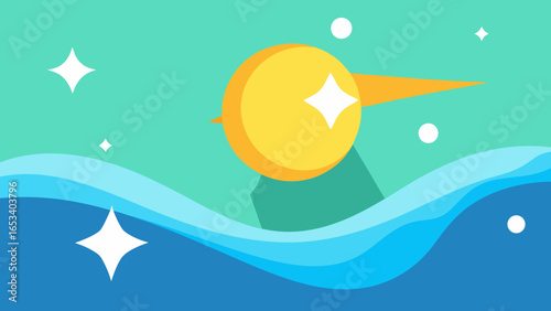 Abstract Representation of a Bright Sun Shining Over Wavy Blue Water with Sparkling Stars waves transparency background