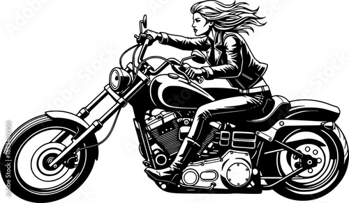 Woman on Motorcycle Black and White SVG Vector Outline
