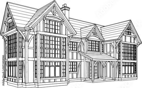 Timber Frame House Vector Black and White Outline
