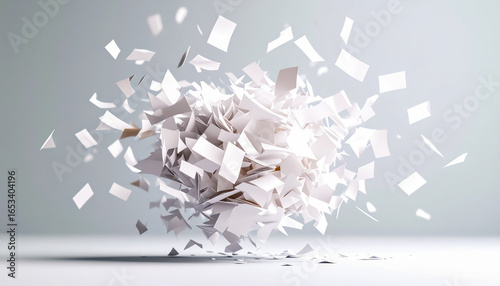 A Burst of White Paper Sheets Suspended in Mid-Air Against a Clean Light Background