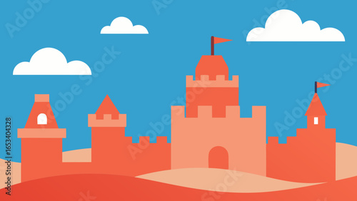 Cartoonish illustration of a coral pink castle with flags and transparency background white clouds against a bright blue sky and sandy ground