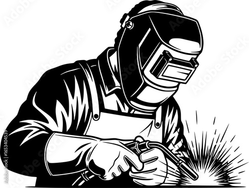 Welder Illustration: Black and White Vector Outline

