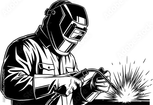 Welder Illustration: Black and White Vector Outline
