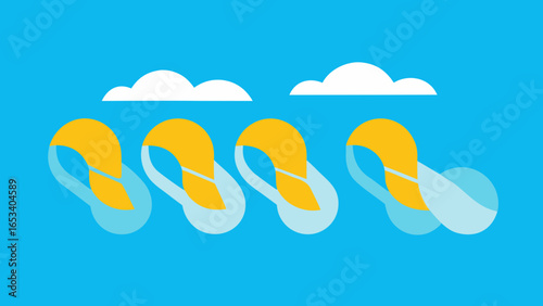 Four stylized yellow flip-flops with transparency background transparent blue accents against a bright blue sky with white clouds
