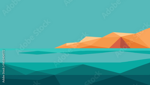 Geometric landscape with orange mountains and teal ocean water vector illustration transparency background