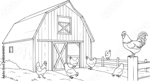 Barn with Chickens Illustration Vector Outline Art
