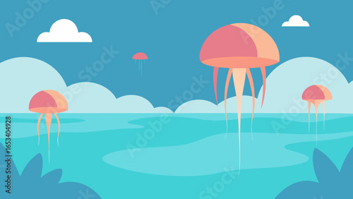 Jellyfish drift in a serene blue ocean under a sky with soft clouds and stylized foliage marine water transparency background