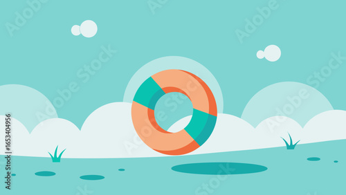 Lifebuoy on a Light Blue transparency background with Abstract Clouds and Grass life preserver safety