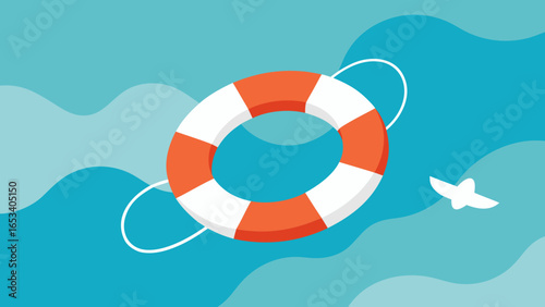 Orange and transparency background white life preserver floating in blue wavy water with a small white bird flying nearby lifebuoy