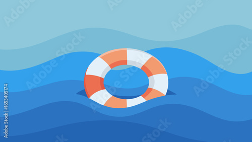 Orange and transparency background white life preserver floating on blue wavy water lifebuoy life ring