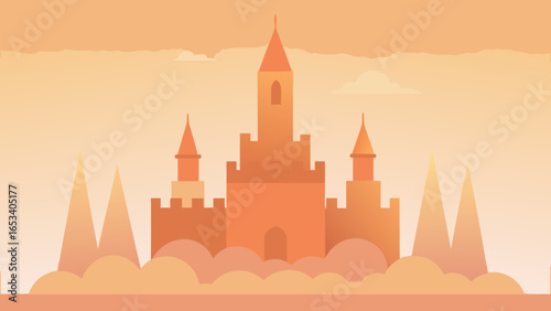 Orange castle with spires and battlements against a hazy sky fortress architecture transparency background