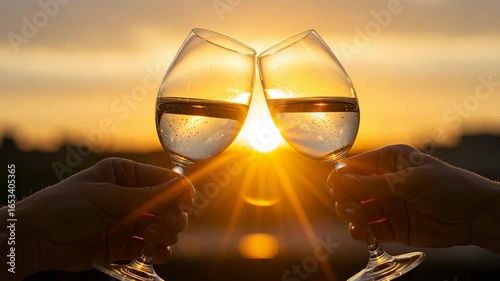 Two glasses clinking together at sunset with sun rays shining through  