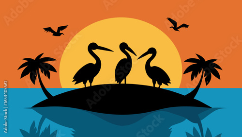 Silhouettes of Three Pelicans on a Small Island with Palm Trees and Flying Birds at Sunset vector illustration transparency background