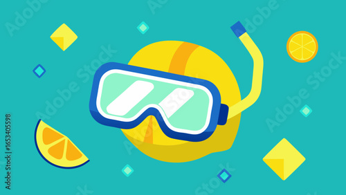 Snorkel Mask with Lemon and Orange Slices on Teal transparency background diving mask swimming goggles