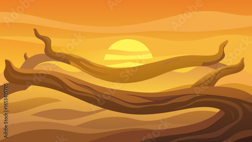 Stylized Desert Landscape With Gnarled Tree Branches And Setting Sun sunset transparency background