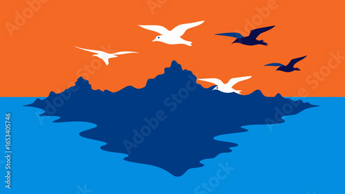 Stylized iceberg with seagulls flying against orange and blue sky water ocean transparency background