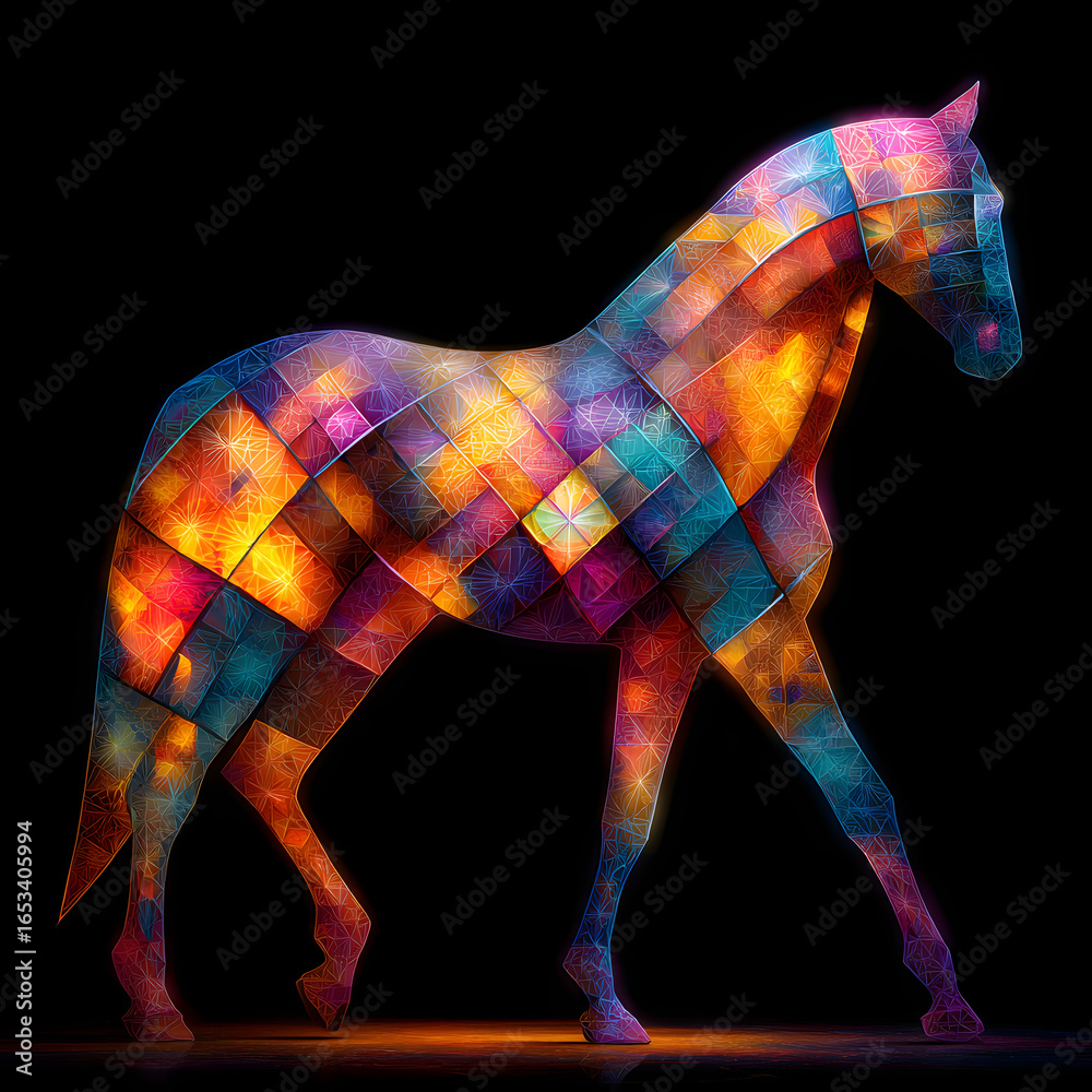 Obraz premium An ethereal horse figure shimmering in vibrant, mirrored colors against a dark backdrop, evoking wonder and inspiration.
