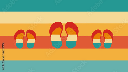 Three Pairs of Flip- Flops on Horizontal Stripes of Teal Yellow and Orange flip-flops sandals transparency background