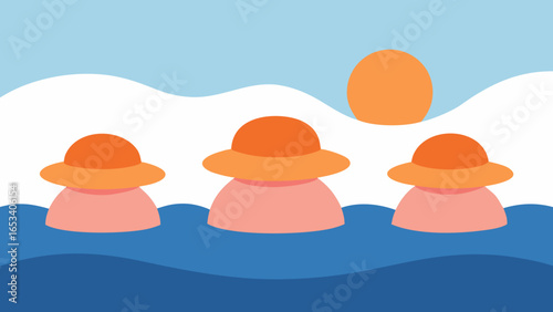 Three People Wearing Orange Hats in Blue Water with Orange Orb swimming ocean transparency background