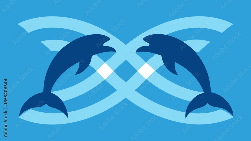 Fototapeta premium Two Silhouetted Dolphins Jumping with Interlocking Blue Waves leaping dark blue transparency background