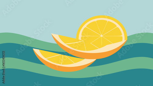 Two orange citrus slices floating above wavy green and blue water fruit transparency background
