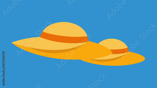 Two Yellow Straw Hats with Orange Ribbons on Blue transparency background summer hats fashion