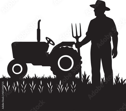 Silhouette of a farmer with a pitchfork standing next to a tractor in a grassy field agriculture