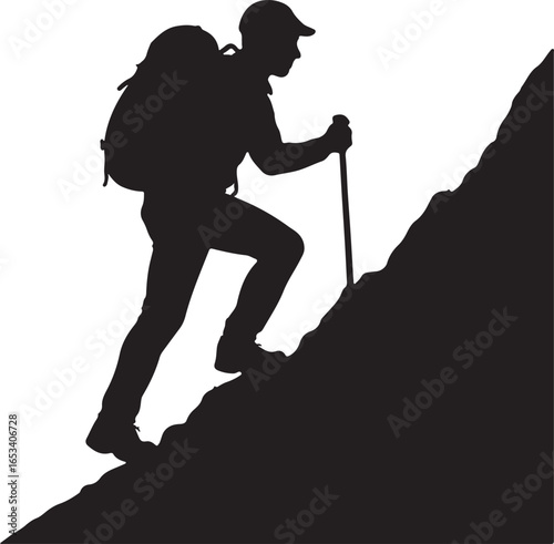 Silhouette of a hiker with backpack and pole climbing a rocky slope mountain