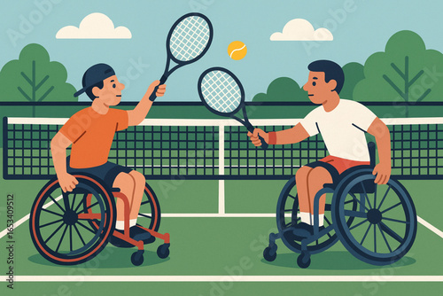 Wheelchair Tennis Match Flat Illustration Inclusive