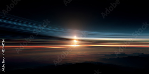 Colorful light trails streaking across the horizon during an otherworldly sunrise