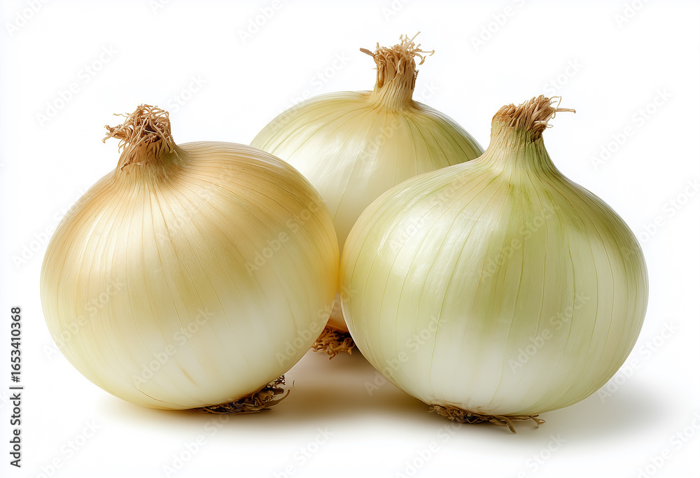 Fototapeta premium Three fresh onions resting on a white background