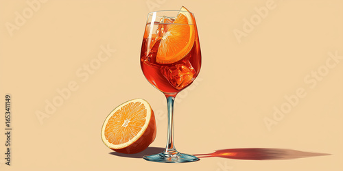 Refreshing aperol spritz cocktail with orange slice and ice cubes on light yellow background