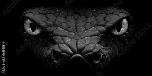 Black snake staring from darkness with intense eyes
