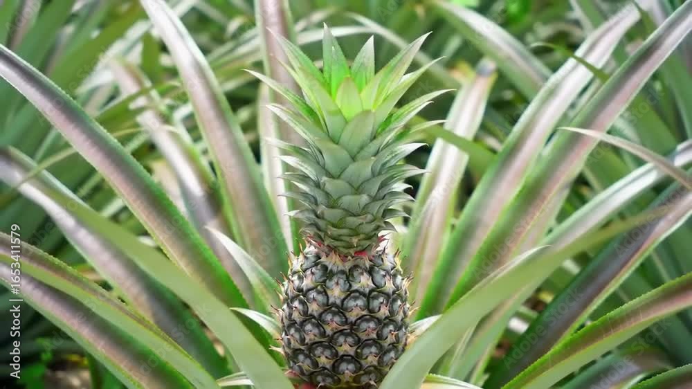 Pineapple plant with a pineapple growing Pineapple plant with a pineapple growing