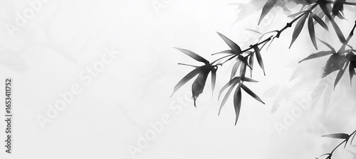 White background featuring the shadow of bamboo leaves, rendered in a Chinese ink painting style. Flat illustration with simple lines, subtle gray tones, and bright, high-key lighting.