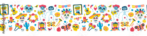 Colorful Dia de los Muertos Seamless Pattern, Sugar Skulls, Skeletons, Flowers