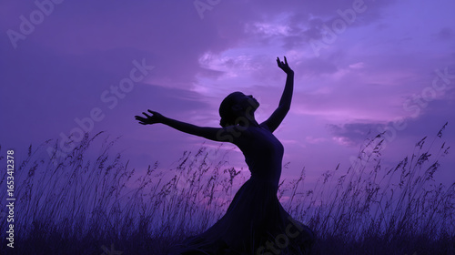 woman power and balance concept - silhouette of a woman dancing against purple night sky