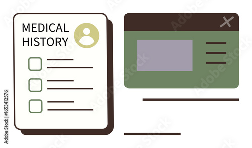 Medical history document beside a digital interface with checkboxes and text layout. Ideal for healthcare, patient records, data collection, medical apps, e-health, clinics, simple flat metaphor