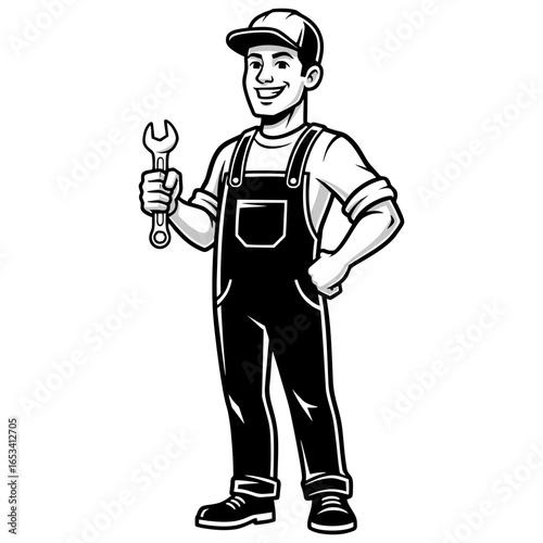 Smiling cartoon mechanic in bib overalls and a cap holding a wrench in a confident pose.