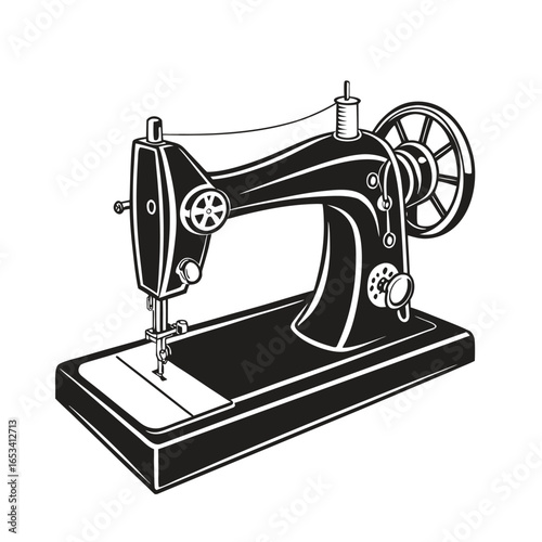 Vintage Sewing Machine in Silhouette: A classic sewing machine, rendered in an elegant black and white silhouette, showcasing its intricate details and timeless design.