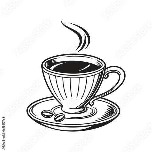 Steaming coffee cup and saucer: A line-art illustration of a freshly brewed coffee cup with aromatic steam rising from its surface, resting on a saucer with coffee beans