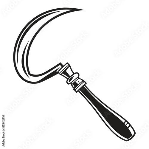 A Timeless Harvest: A classic hand sickle, its curved blade gleaming, stands as a symbol of the agrarian tradition and the timeless practice of harvesting. A study in stark monochrome.