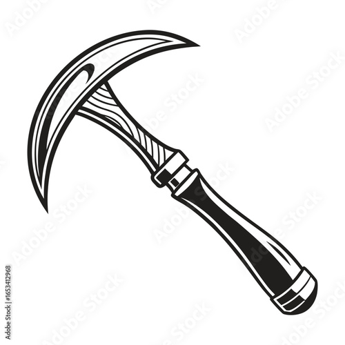 Sickle Icon: A detailed, monochrome illustration of a curved sickle, a symbol of harvest and labor.