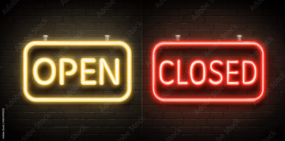 Fototapeta premium Open and closed neon signs contrasting against a dark background create a striking visual display in a nighttime urban context Generative AI